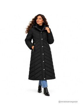 Womens Chevron Quilted Maxi Puffer Coat Hooded Winter Jacket
